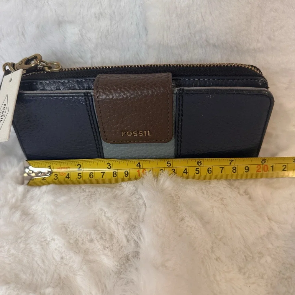 Fossil Navy Brown & Blue Leather Wallet Gold Wristlet Strap ~ Gray Lined  NEW